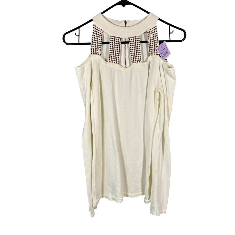 Belldini Cold Shoulder Sweater Womens Small Winter White Rose Gold Studded